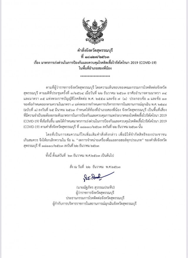 ผู้ว่าฯสุพรรณออกคำสั่ง "ล็อกดาวน์ อ.สองพี่น้อง" ถึง 3 ม.ค.