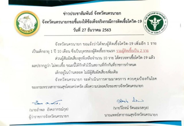 นครนายกพบผู้ติดเชื้อโควิดเพิ่ม 1 คน เป็นลูกของผู้ติดเชื้อรายแรก