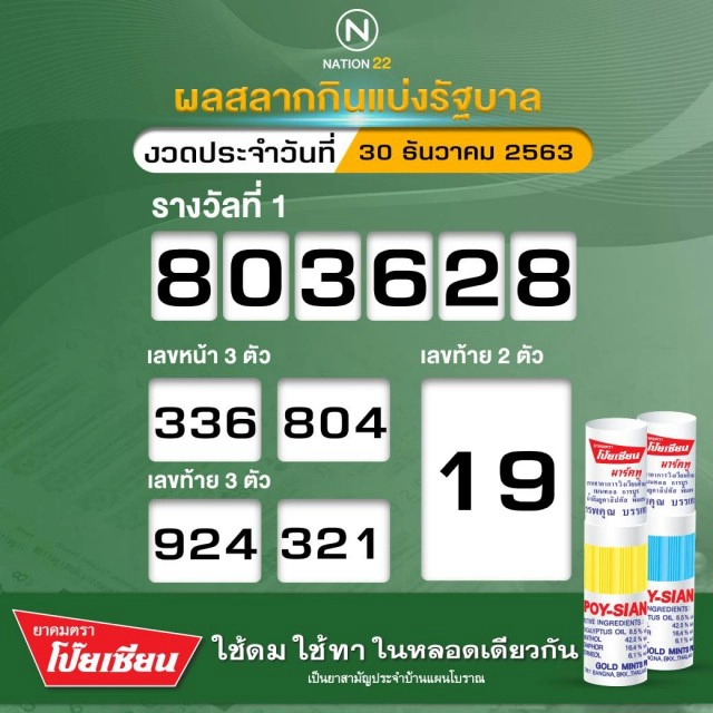 ผลสลากกินแบ่งรัฐบาลงวดประจำวันที่ 30 ธันวาคม 2563