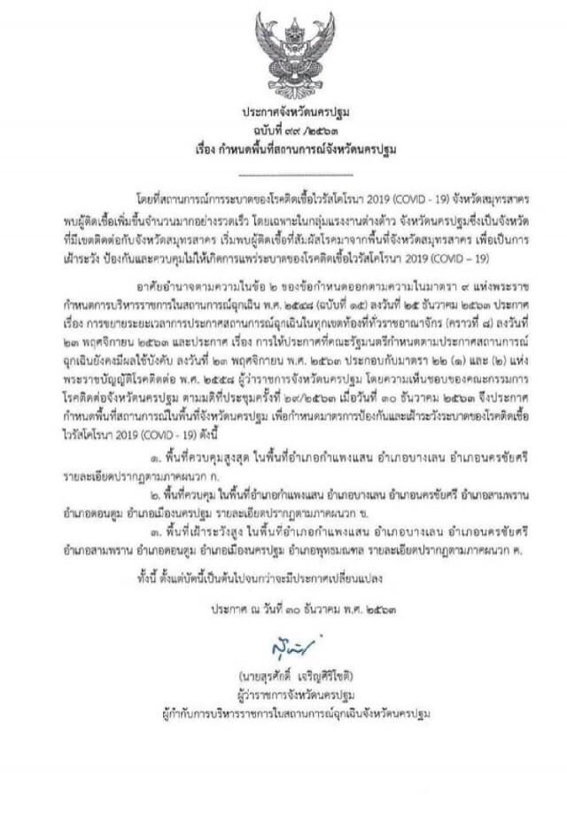 นครปฐม ประกาศ 3 อำเภอ เป็นพื้นที่ควบคุมสูงสุด วอนงดเดินทางข้ามจังหวัดช่วงปีใหม่