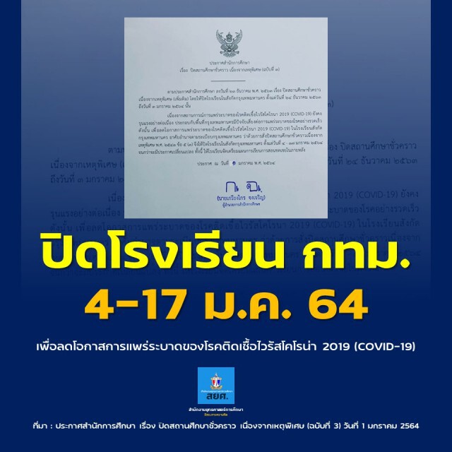 กทม.สั่งปิดเรียนต่อยาวถึง 17ม.ค. หนีโควิด