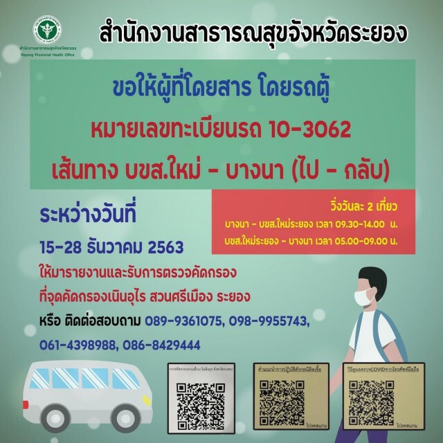 คนขับรถตู้"ระยอง-บางนา"ติดโควิด-19 ผู้โดยสารกลุ่มเสี่ยงช่วง 15-28 ธ.ค. รายงานตัวด่วน!!