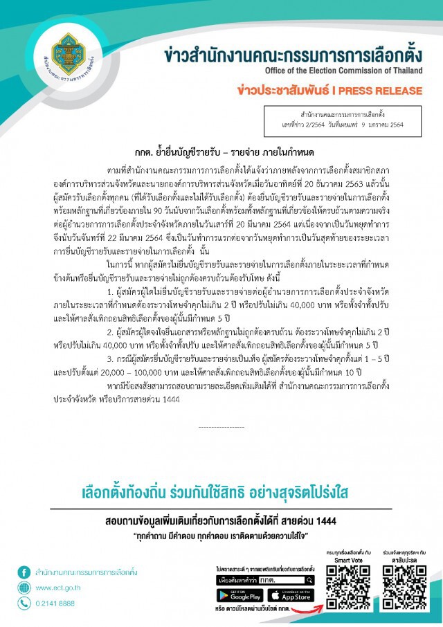 เตือนผู้ชิงอบจ.สอบได้-ตกต้องยื่นบัญชีรับ-จ่าย22มี.ค.นี้ชี้ไม่ครบ-เท็จเจอโทษหนัก