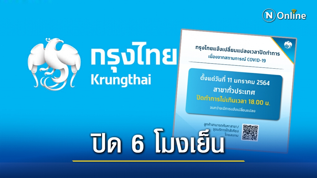 ป้องกันโควิด!! ธ.กรุงไทย ประกาศเวลาปิดทำการทุกสาขาไม่เกิน 18.00 น. เริ่มวันนี้!!