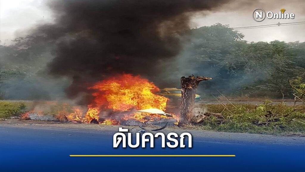 หนุ่มควบเก๋งเสียหลักพุ่งชนต้นไม้ประกายลุกท่วมดับคารถ