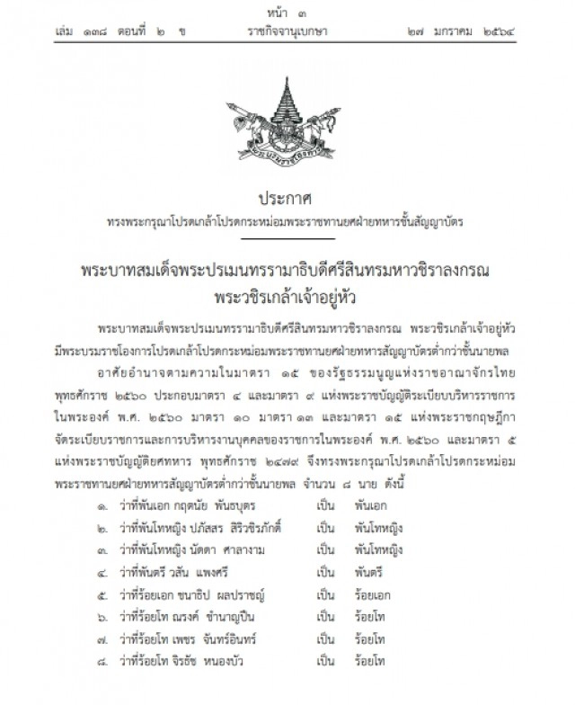 โปรดเกล้าฯ พระราชทานยศฝ่ายทหารสัญญาบัตร 8 นาย