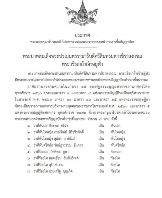 พระราชทานยศ 8 ทหารชั้นสัญญาบัตร "ภรณ์ทิพย์ สิริวชิรภักดิ์" เป็นพันโทหญิง