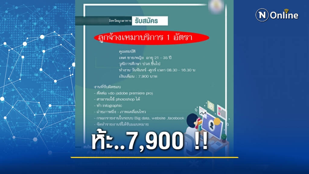 ชาวเน็ตจวกเละ! หน่วยงานรัฐที่ "มุกดาหาร" รับสมัครงาน "ตัดต่อ-กราฟิก" เงินเดือนตั้ง 7,900 บาท