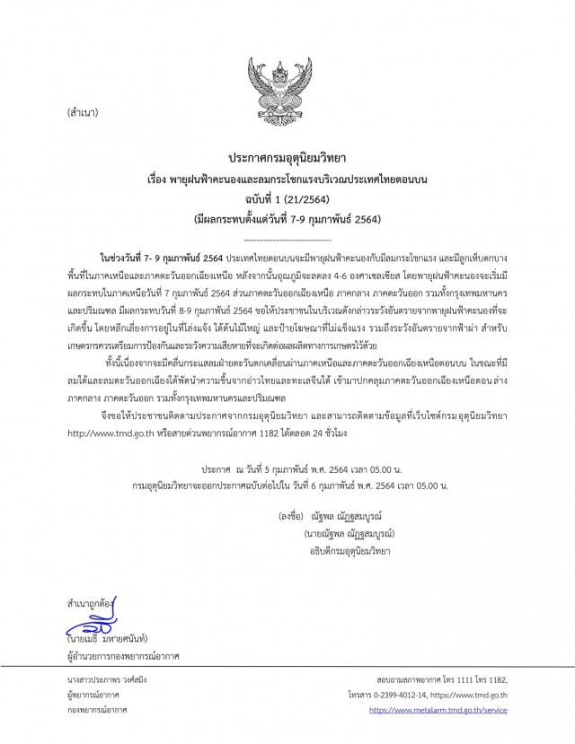 อุตุฯ ประกาศเตือนภัย ฉบับที่1 ไทยตอนบน รับมือพายุฝนฟ้าคะนองลมกระโชกแรง 7-9 ก.พ. 64