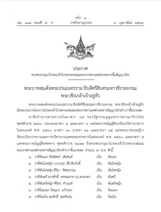 โปรดเกล้าฯ พระราชทานยศ พ.ท.หญิง วราภรณ์ สิริวชิรภักดิ์ และอีก 6นาย