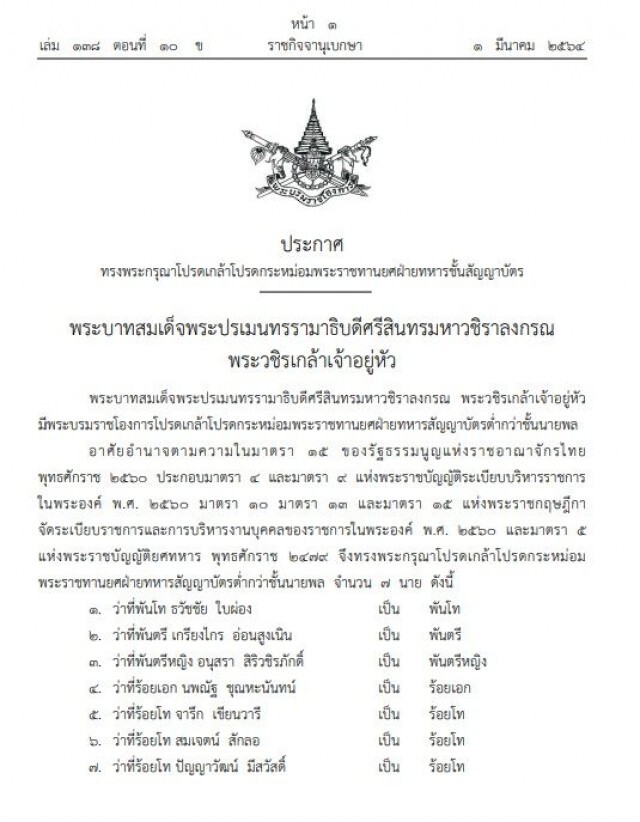 โปรดเกล้าฯ พระราชทานยศ "อนุสรา สิริวชิรภักดิ์" เป็นพันตรีหญิง พร้อมอีก 6 นาย