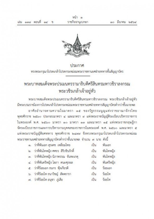โปรดเกล้าฯ พระราชทานยศ พันโทหญิง ‘ศศธร สิริวชิรภักดิ์’ และอีก 6 ราย