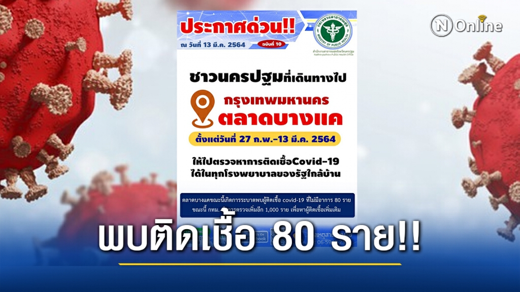 นครปฐม ประกาศด่วนบุคคลใดที่เดินทางไปตลาดบางแค ให้รับการตรวจโควิด-19 นครปฐม ประกาศด่วนบุคคลใดที่เดินทางไปตลาดบางแค ให้รับการตรวจโควิด-19