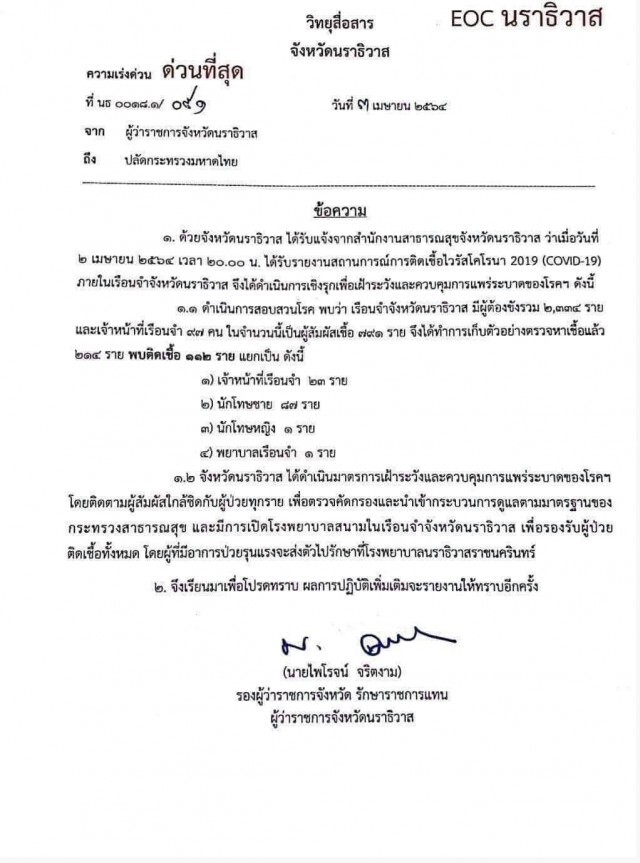 พบผู้ป่วยยืนยันในเรือนจำนราธิวาสแล้ว 112 ราย
