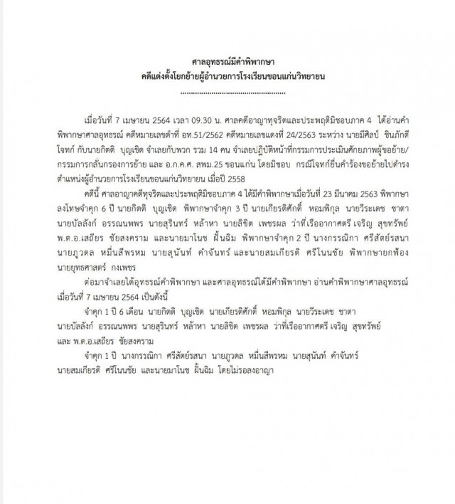 ศาลอุทธรณ์สั่งจำคุก 1 ปี 6 เดือน ส.ส.เพื่อไทยร่วมแต่งตั้ง ผอ.ขอนแก่นวิทย์มิชอบ