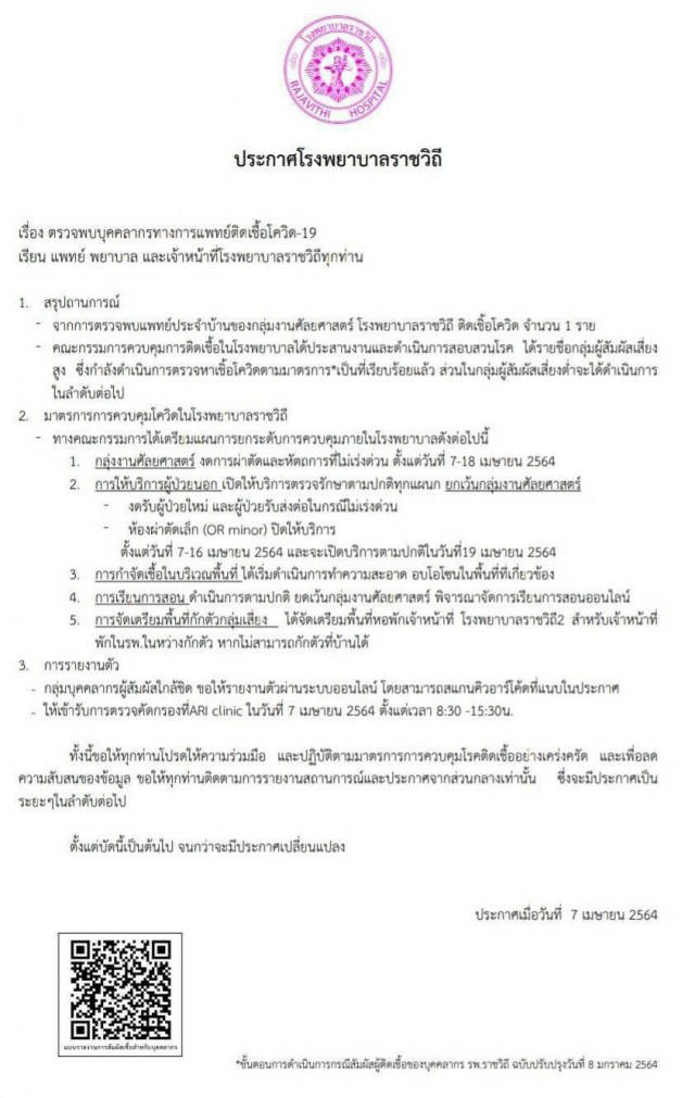 \"รพ.ราชวิถี\" พบบุคลากรทางการแพทย์ติดโควิด สั่ง \"งดผ่าตัด-หัตถการไม่เร่งด่วน\" ถึง 18 เม.ย.
