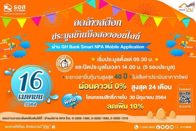 ธอส.เปิดประมูลบ้านมือสองออนไลน์ ลดสูงสุด 40% 16 เม.ย.นี้