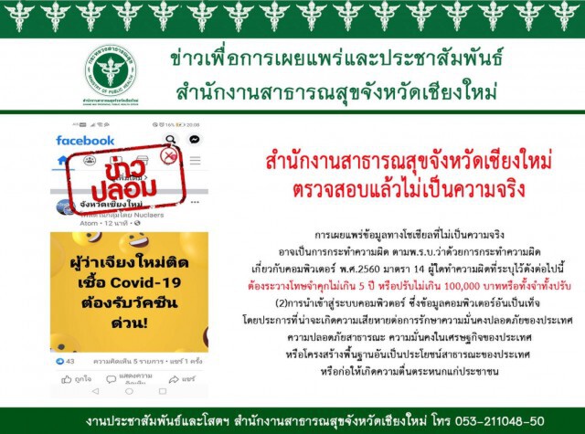 ผู้ว่าฯเชียงใหม่แจ้งความเอาผิดมือโพสต์ "ผู้ว่าฯติดโควิด"