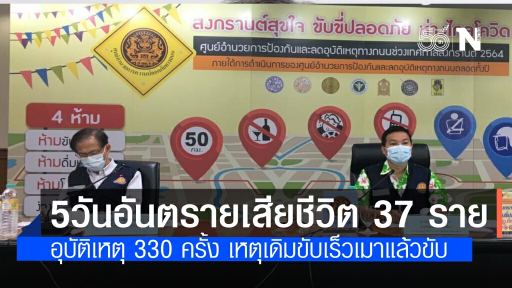 ศปถ. แจง 5 วันอันตราย ตาย 37 ราย เกิดอุบัติเหตุ 330 ครั้ง