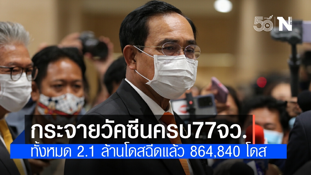นายกฯ รับทราบ วัคซีนทั้งหมด 2.1 ล้านโดส กระจายครบ 77 จังหวัด ฉีดแล้ว 864,840 โดส