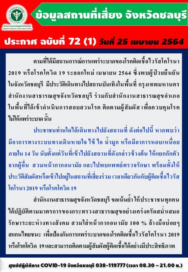 ชลบุรี ประกาศสถานที่เสี่ยงพื้นที่สีแดง หลังยอดโควิดพุ่ง 104 ราย