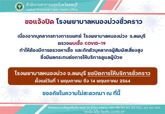 ลพบุรีสั่งปิด "รพ.หนองม่วง" ส่งบุคลากรทางการแพทย์ 130 รายตรวจโควิด
