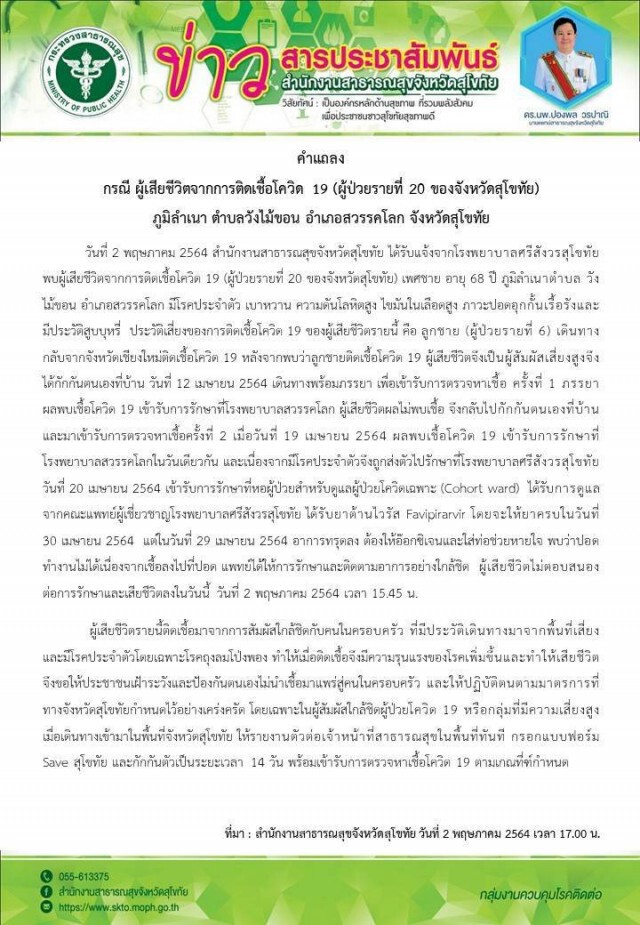 "สุโขทัย"สังเวยโควิดแล้ว2ราย