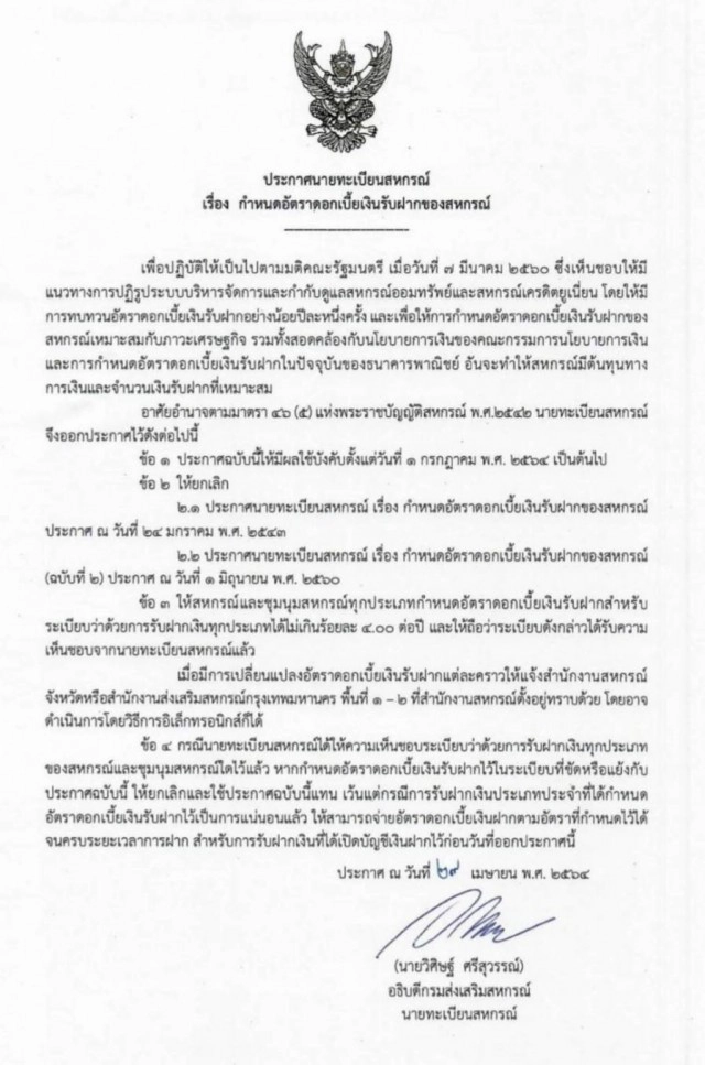 กสส.ออกประกาศนายทะเบียนคุมอัตราดอกเบี้ยเงินรับฝากของสหกรณ์ไม่เกินร้อยละ 4 ต่อปี