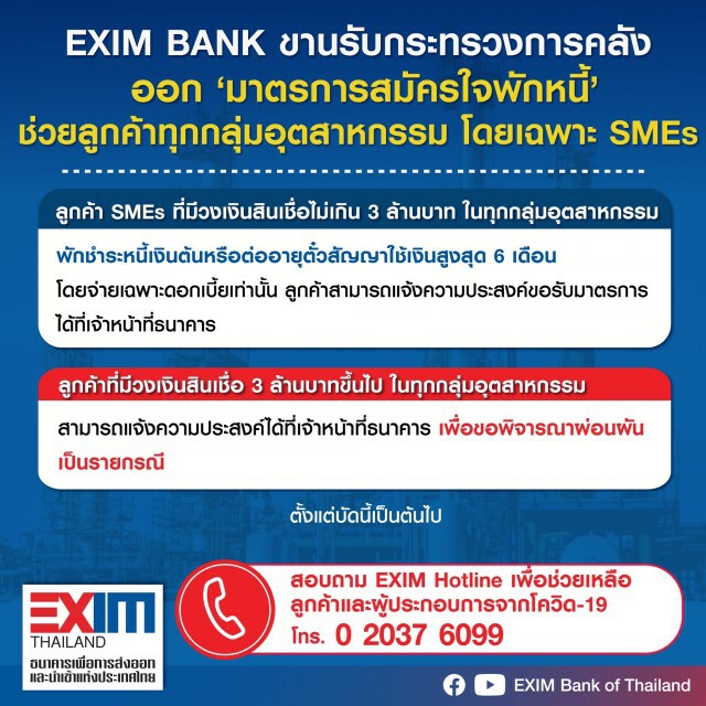 EXIM BANK ออกมาตรการสมัครใจพักหนี้ ช่วยลูกค้ากระทบโควิด-19
