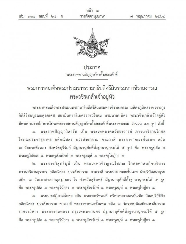 โปรดเกล้าฯ พระราชทานสัญญาบัตรตั้งสมณศักดิ์ 11 พระราชาคณะ