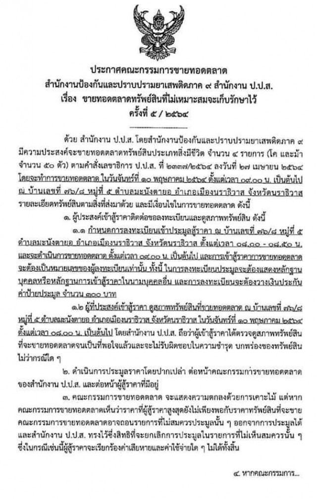 ป.ป.ส.จัดประมูล "โคและม้า" ของกลางคดียาเสพติด 50 ตัว