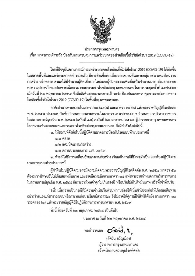 กทม.ออกมาตรการเข้ม ควบคุมการแพร่ระบาดโควิด-19 ในแคมป์คนงาน ตลาด และคอลเซ็นเตอร์ เริ่ม 23 พ.ค.นี้