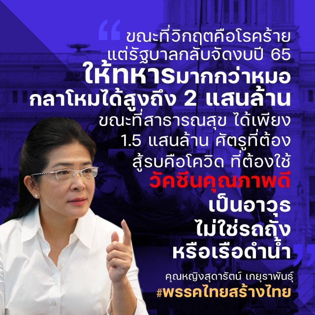 "หญิงหน่อย" จัดหนัก งบปี 65 รัฐบาลให้ทหารมากกว่าหมอ ในขณะที่เผชิญกับวิกฤติโรคร้าย
