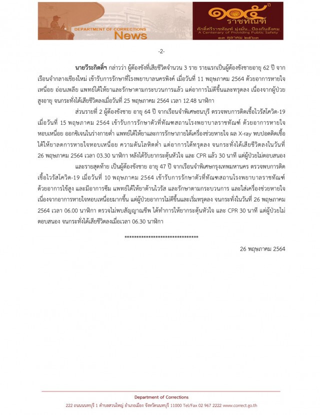 ราชทัณฑ์ เผยผู้ต้องขังติดโควิด-19 เพิ่ม 1,243 ราย ดับอีก 3 ราย