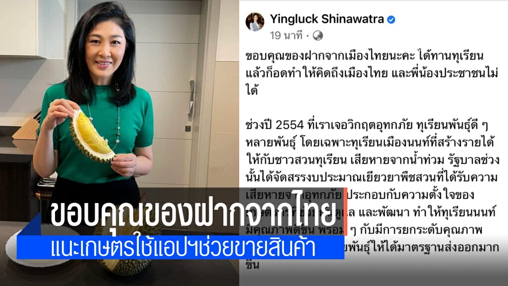 ยิ่งลักษณ์ ขอบคุณของฝากจากเมืองไทย รำลึก เหตุน้ำท่วม 2554 ทำสวนทุเรียนนนท์เสียหาย เยียวยาจนฟื้น