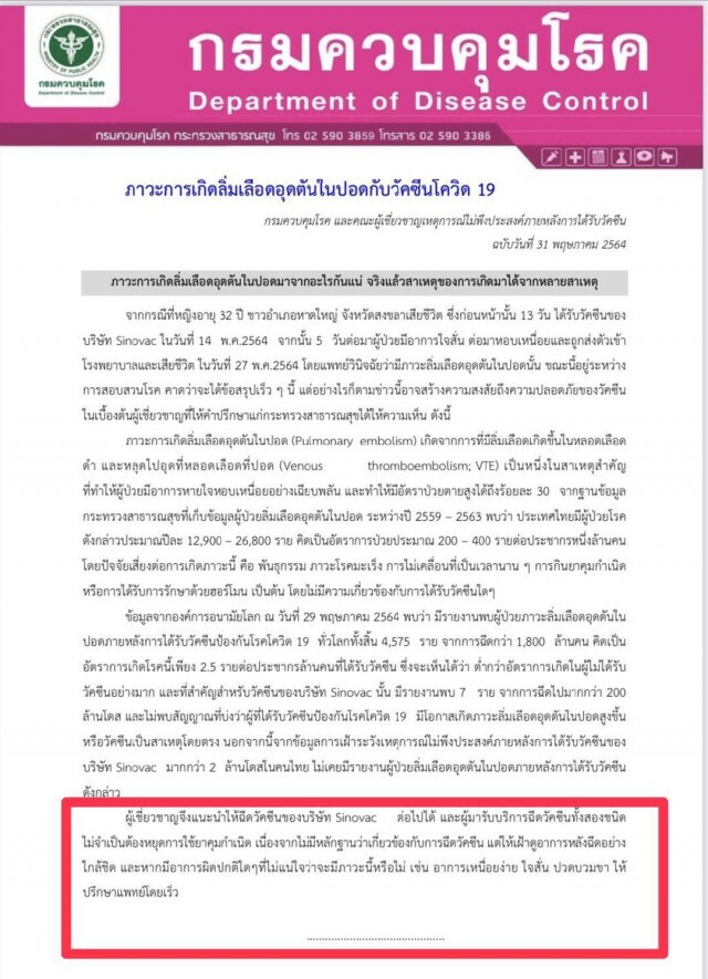สธ.แจงแล้ว! พบภาวะลิ่มเลือดอุดตันปอดในหญิงอายุ 32 ปี หลังฉีด "ซิโนแวค"