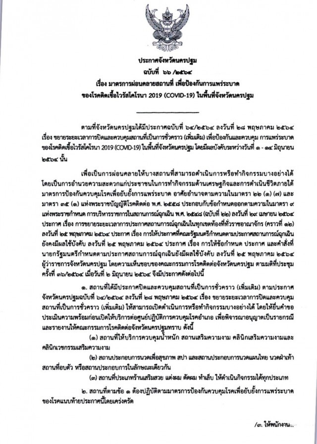 นครปฐม ผ่อนคลายมาตรการสถานที่เพื่อป้องกันการแพร่ระบาดโควิด-19