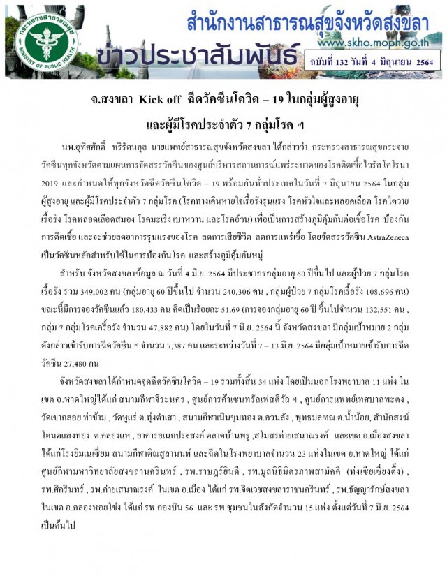 สงขลา  Kick off  ฉีดวัคซีนโควิด – 19