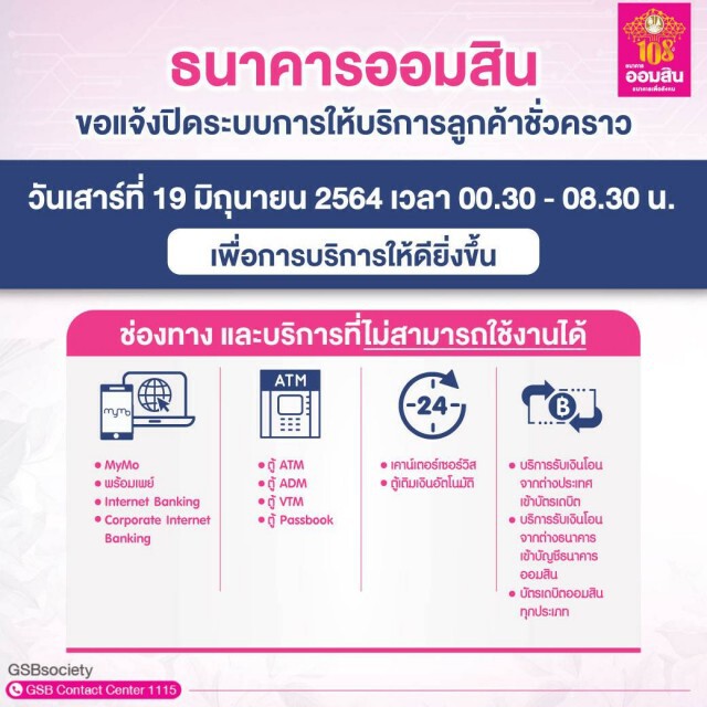ออมสินปิดปรับปรุงระบบบริการลูกค้า 19 มิ.ย.นี้ 00.30 – 08.30 น.