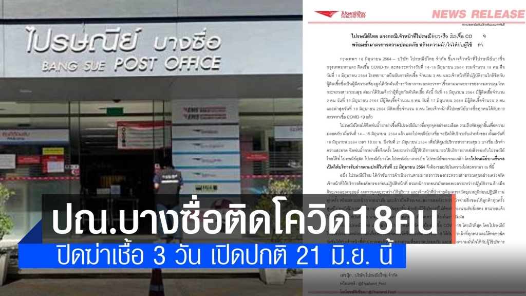ไปรษณีย์ไทย แจงเจ้าหน้าที่ไปรษณีย์บางซื่อ ติดโควิดรวม 18 คน