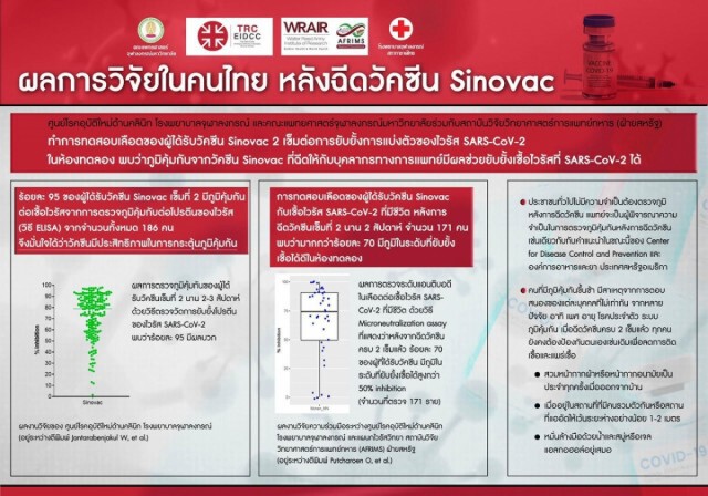 เปิดผลวิจัยหลังฉีดวัคซีน "ซิโนแวค" เข็ม 2 พบภูมิฯยับยั้งเชื้อสูงกว่า 50%
