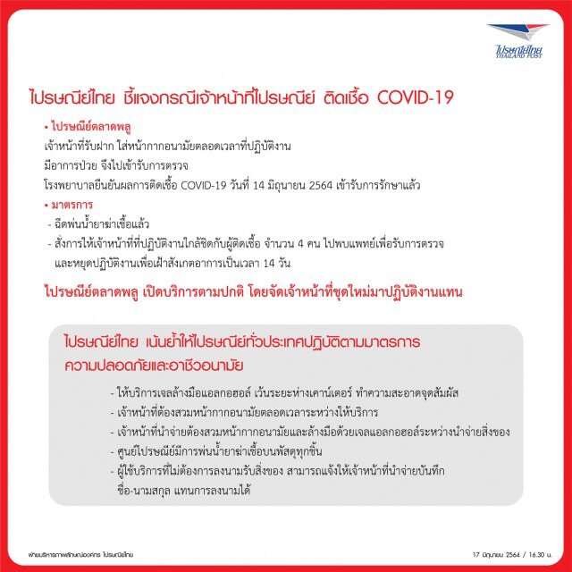 ไปรษณีย์ไทยรับพนักงานติดโควิดจริง ยันพนักงานนำส่งใส่หน้ากากตลอด