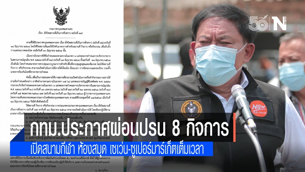 กทม. ประกาศฉบับที่ 33 ผ่อนปรนเปิด 8 กิจการ สนามกีฬา ห้องสมุด เซเว่น-ซูเปอร์มาร์เก็ตเต็มเวลา