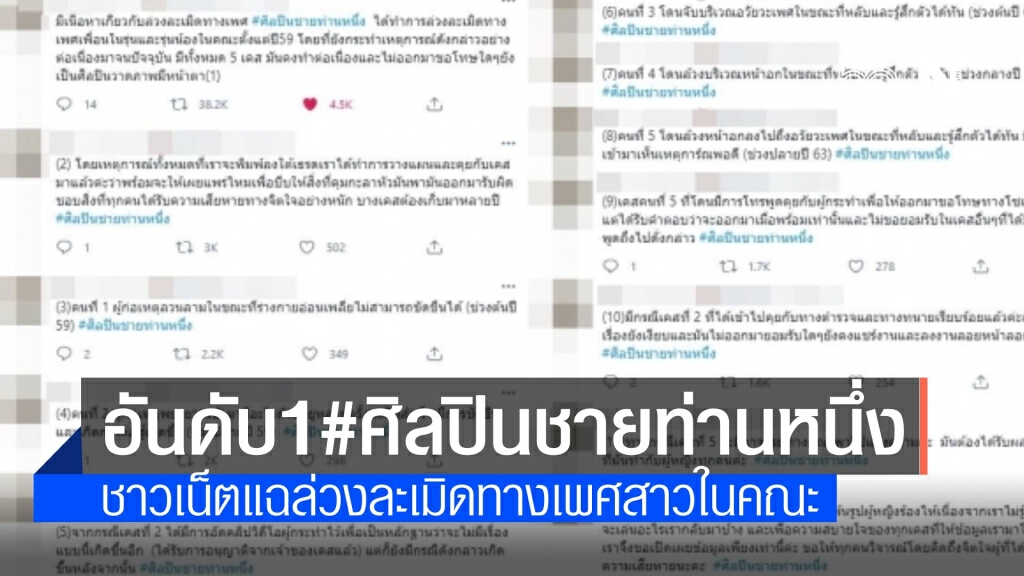 ผู้ใช้ทวิตเตอร์แฉ 'ศิลปินชาย' ก่อเหตุล่วงละเมิดทางเพศสาวในคณะ ผู้ใช้ทวิตเตอร์แฉ 'ศิลปินชาย' ก่อเหตุล่วงละเมิดทางเพศสาวในคณะ