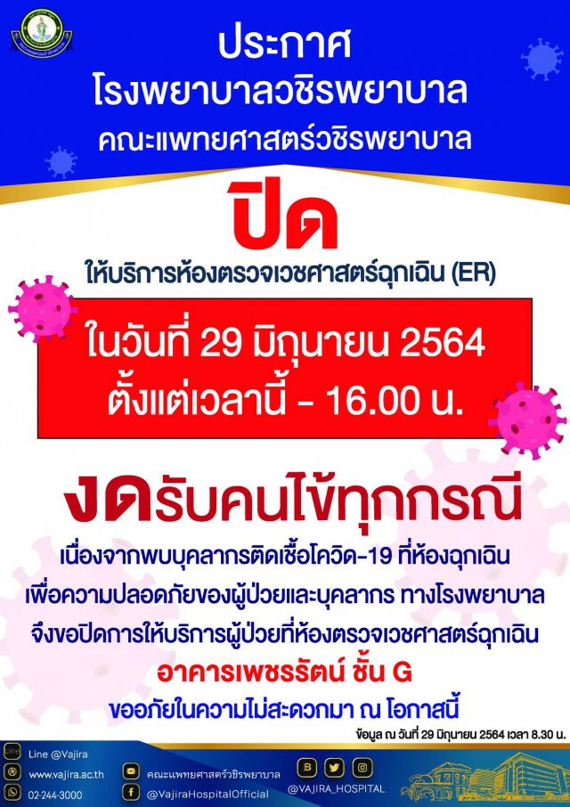 คณะแพทยศาสตร์วชิรพยาบาล แจ้งพบบุคลากรแพทย์ติดโควิด