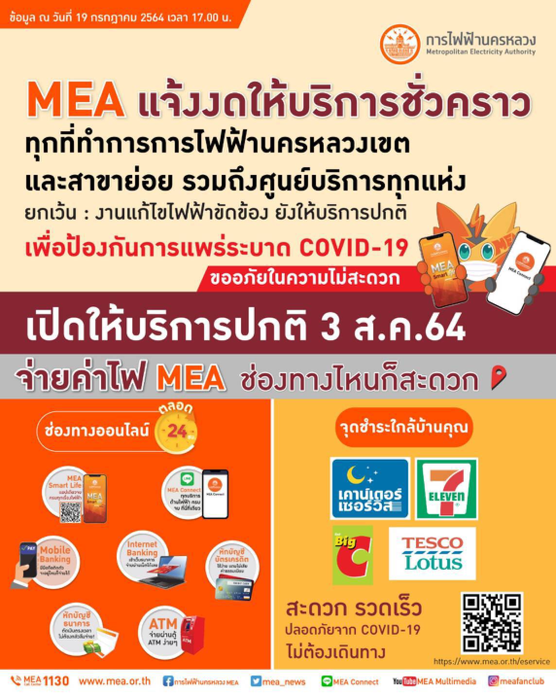 MEA แจ้งขยายเวลางดให้บริการชั่วคราวทุกที่ทำการตามมาตรการล็อกดาวน์ เพื่อป้องกันการแพร่ระบาด COVID-19