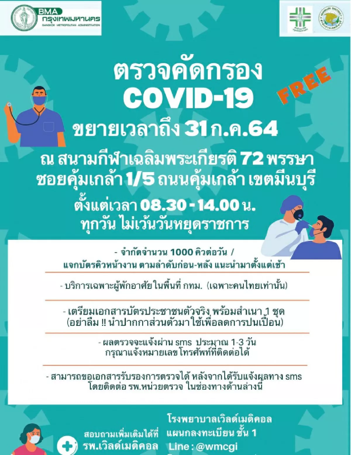 เช็กจุดตรวจโควิดฟรี ในเขตกทม. วันนี้ - 31 ก.ค. มีที่ไหนบ้าง รวมไว้ตรงนี้!