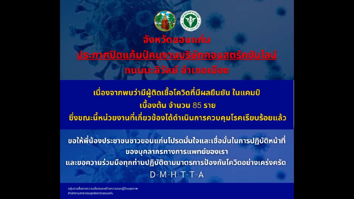 ขอนแก่นปิดแคมป์คนงาน หลังพบคลัสเตอร์ใหม่กลางเมือง ติดโควิด 85 คน