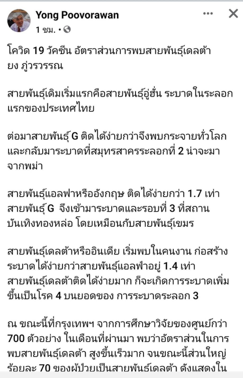เผยยอดติดเชื้อโควิด "สายพันธุ์อินเดีย" เป็นผู้ป่วยรายใหม่สูงถึง 70%
