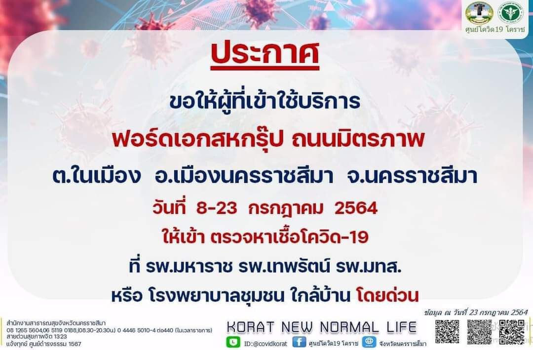 โคราชเร่งตัดวงจรคลัสเตอร์ศูนย์ฟอร์ดขยายวงติดเชื้อ 18 ราย